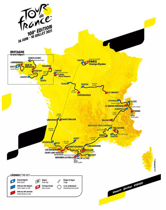 Parcours du tour de France 2021 Départ de Brest le 16 Juin